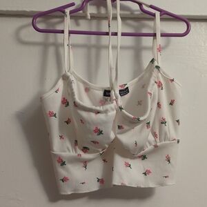 SHEIN White Ribbed Cropped Cami with Pink Floral Print